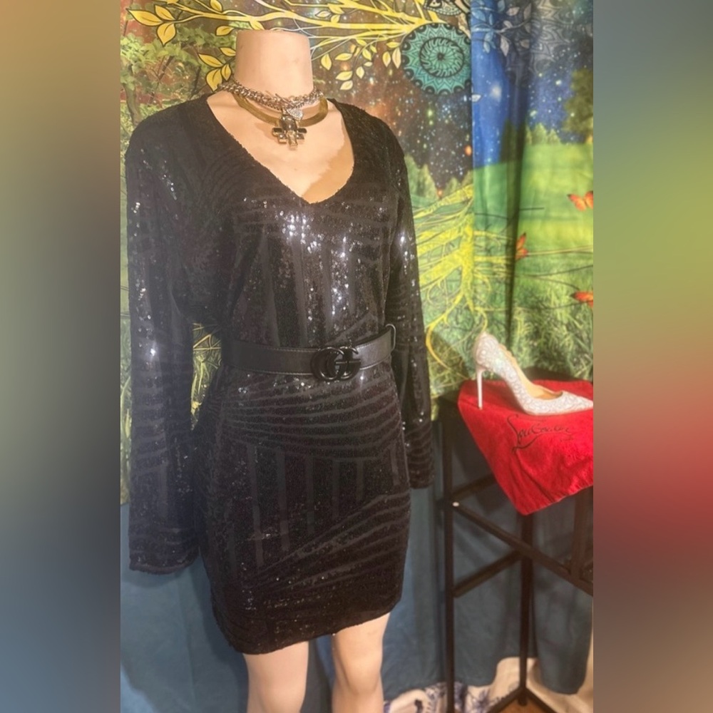 SALE•Acevog Black Sequin Long Sleeve Dress~NWOT